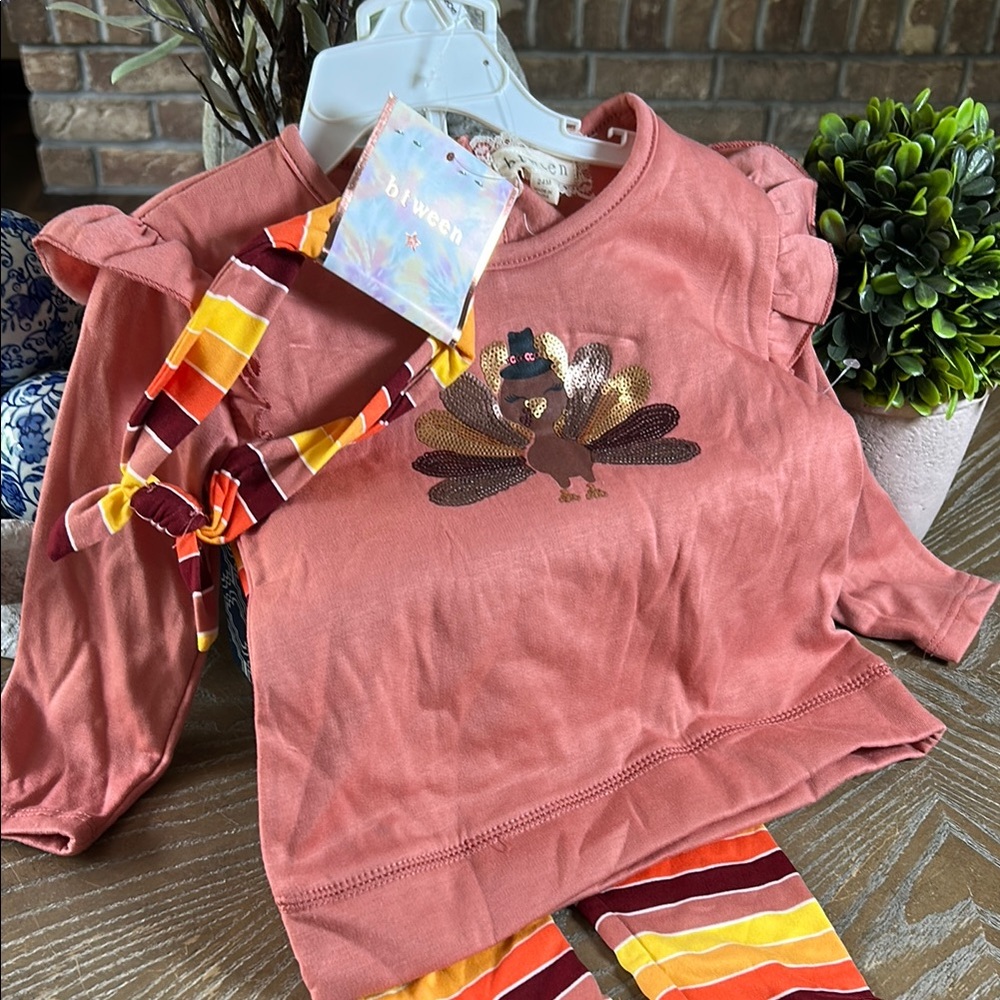 NWT! Fall Harvest Baby Girl Thanksgiving Sequin Turkey Outfit & Headband